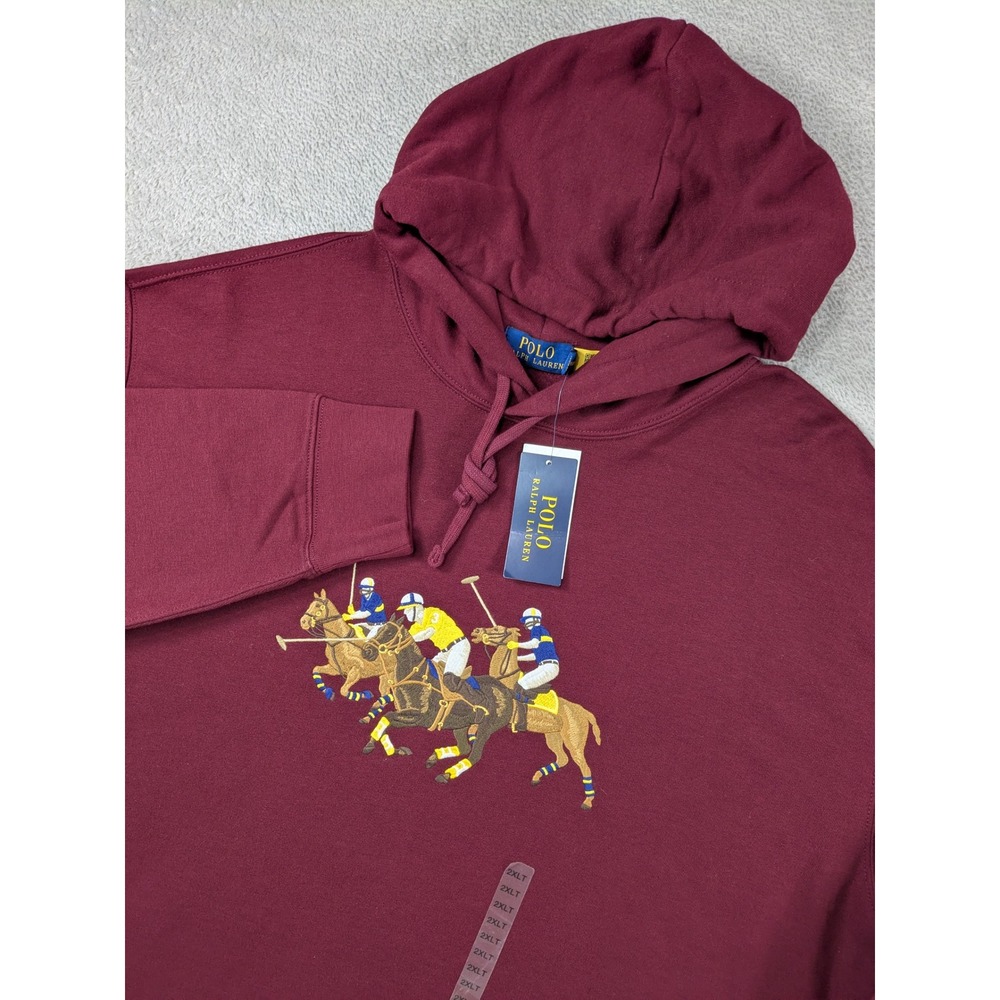 Polo Ralph Lauren Mens 2XLT Burgundy Triple Horse Polo Match Fleece Hoodie NWT